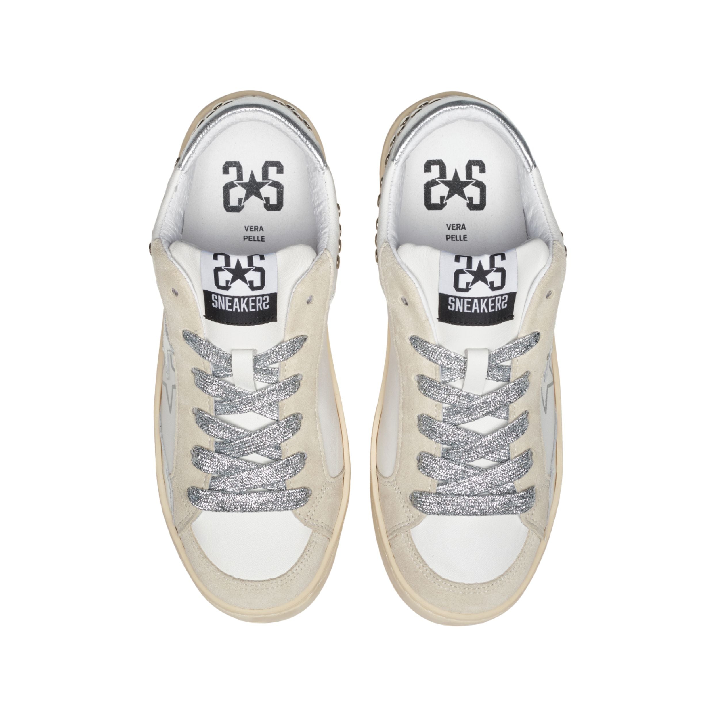 2Star Scarpe Sneakers Made in Italy artigianali Enjoy Star Pelle donna Bianco Borchie