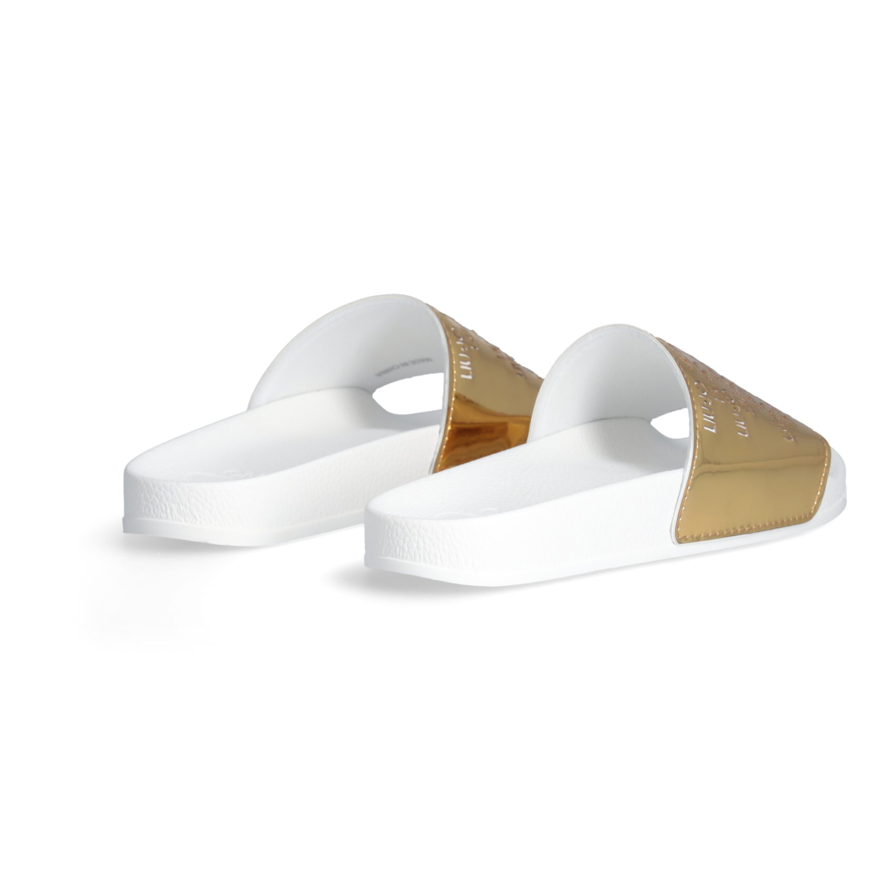 Liu Jo Scarpe ciabatte Kos 18 Sandali Mirror bianco oro maxi fascia LOGO ALL OVER