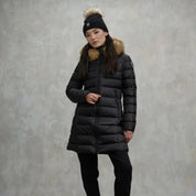 Blauer Piumino Lungo Imbottito Kristin Nero Interno Beige Donna con Cappuccio Fisso