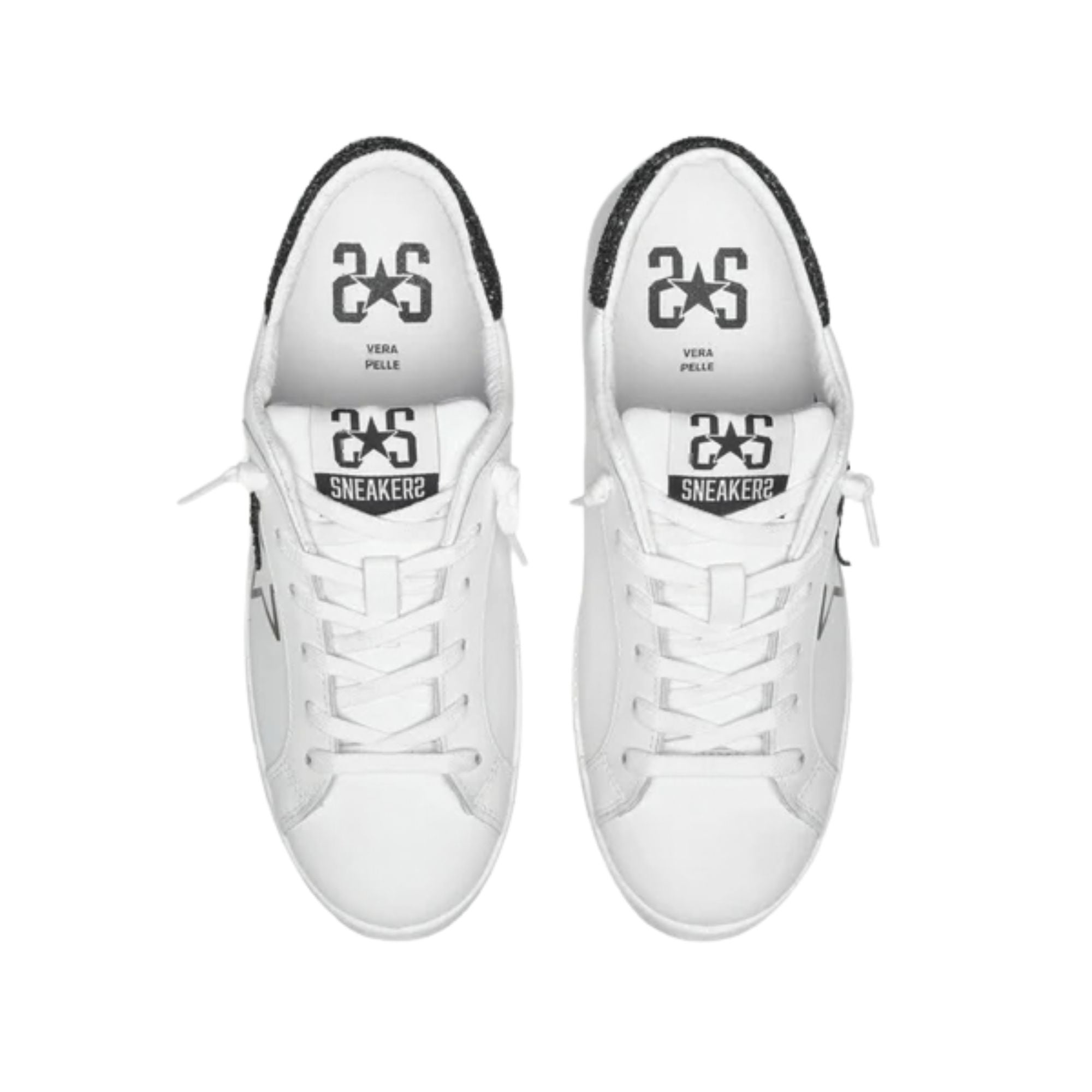 2Star Scarpe Sneakers Made in Italy artigianali PRIME STAR Pelle donna Bianco glitter nero D4898