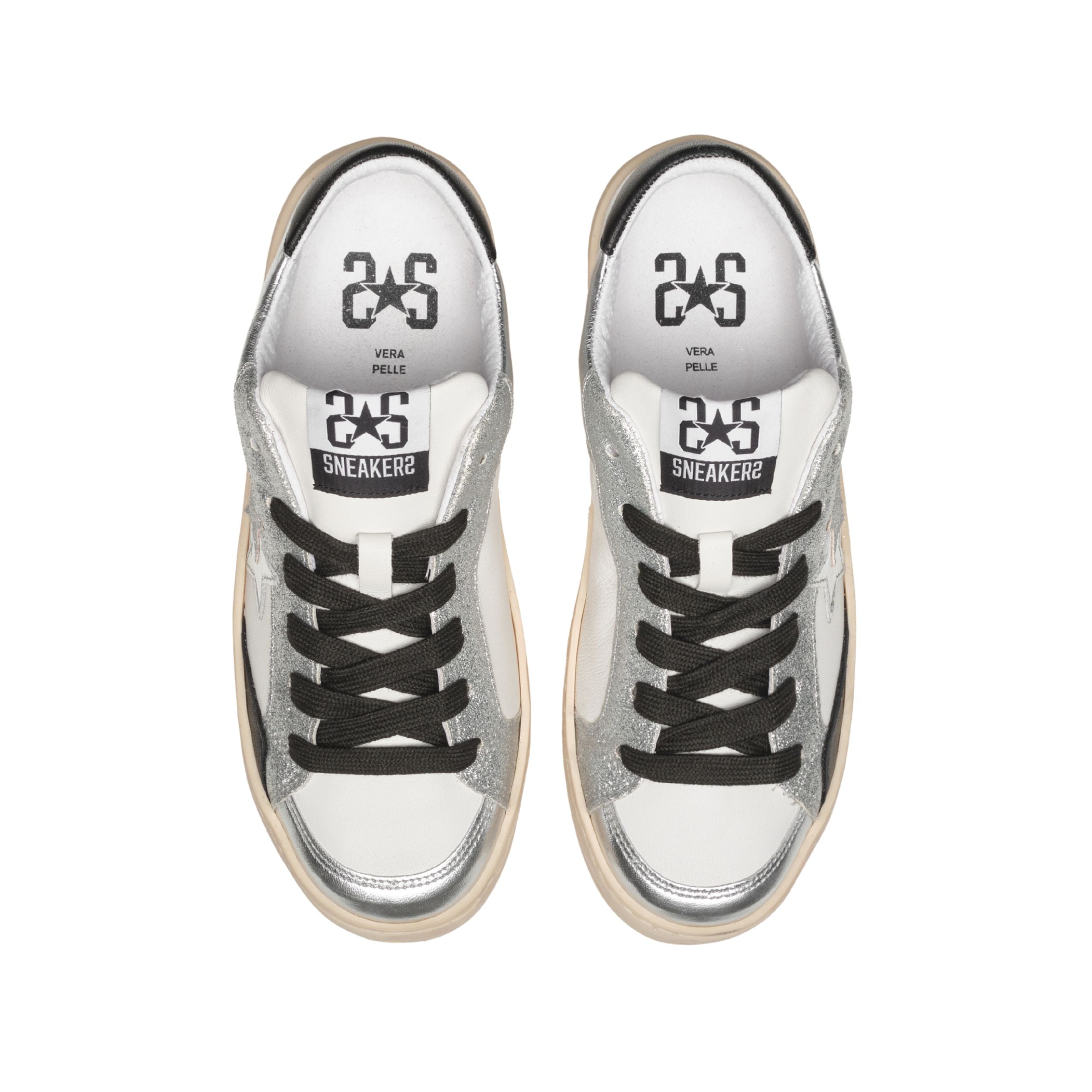 2Star Scarpe Sneakers Made in Italy artigianali Enjoy Star Pelle donna Bianco argento nero