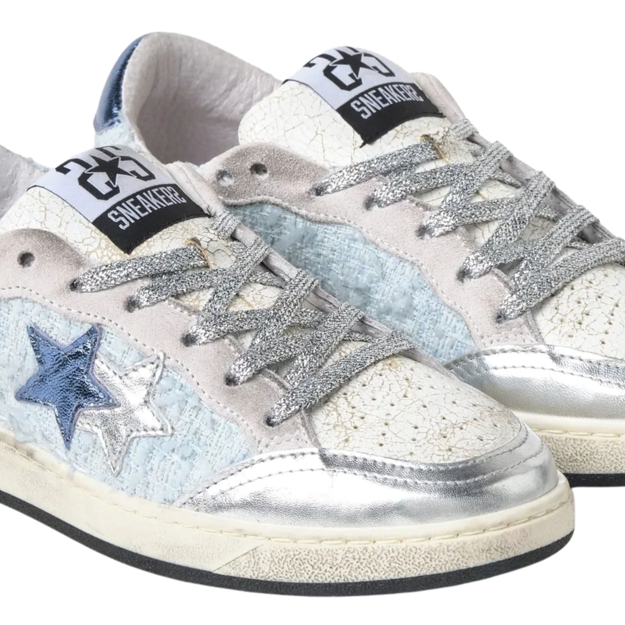 2Star Scarpe Sneakers Made in Italy artigianali WEEK STAR Pelle donna Azzurro Argento D5037