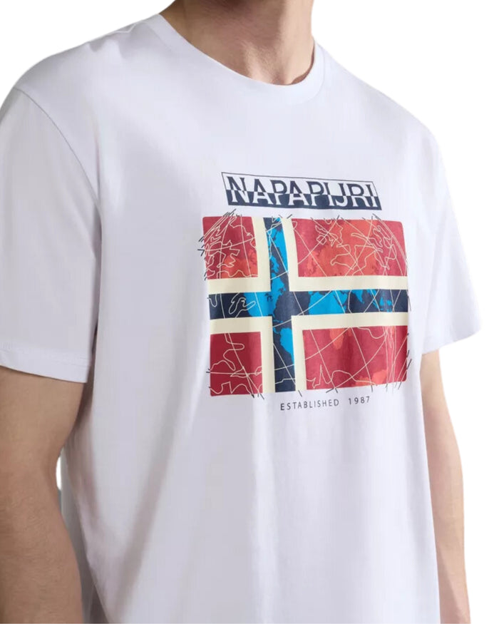 Napapijri T-shirt Cotone Manica Corta con Logo e Bandiera Norvegese Bianco 5