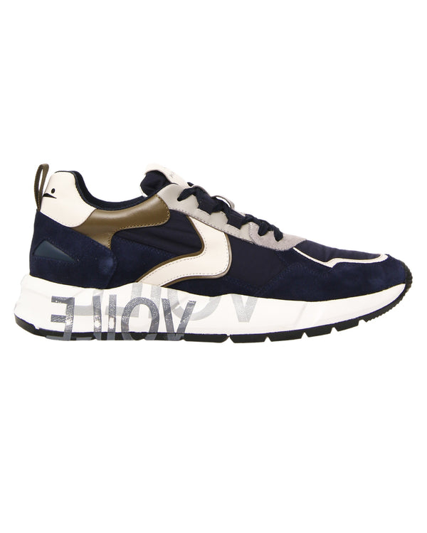 Voile Blanche Sporty Sneaker In Leather And Fabric, Trekking Laces And Blue Rubber Sole Men