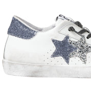 2Star Scarpe Sneakers Made in Italy artigianali One Star Pelle con Glitter Argento Blu 5108