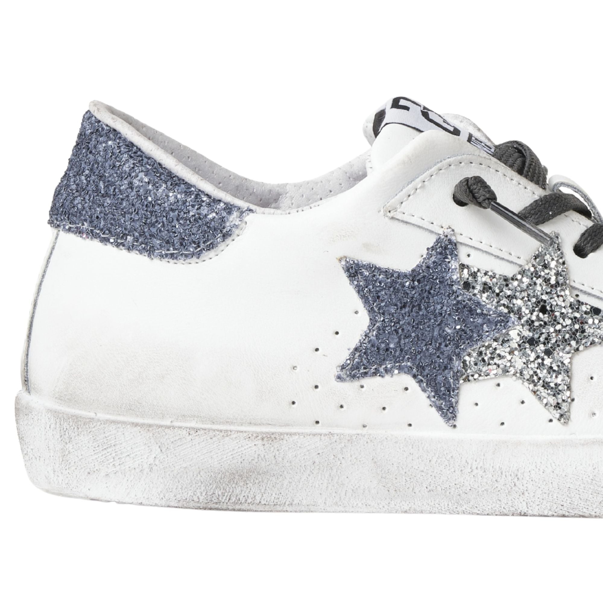 2Star Scarpe Sneakers Made in Italy artigianali One Star Pelle con Glitter Argento Blu 5108