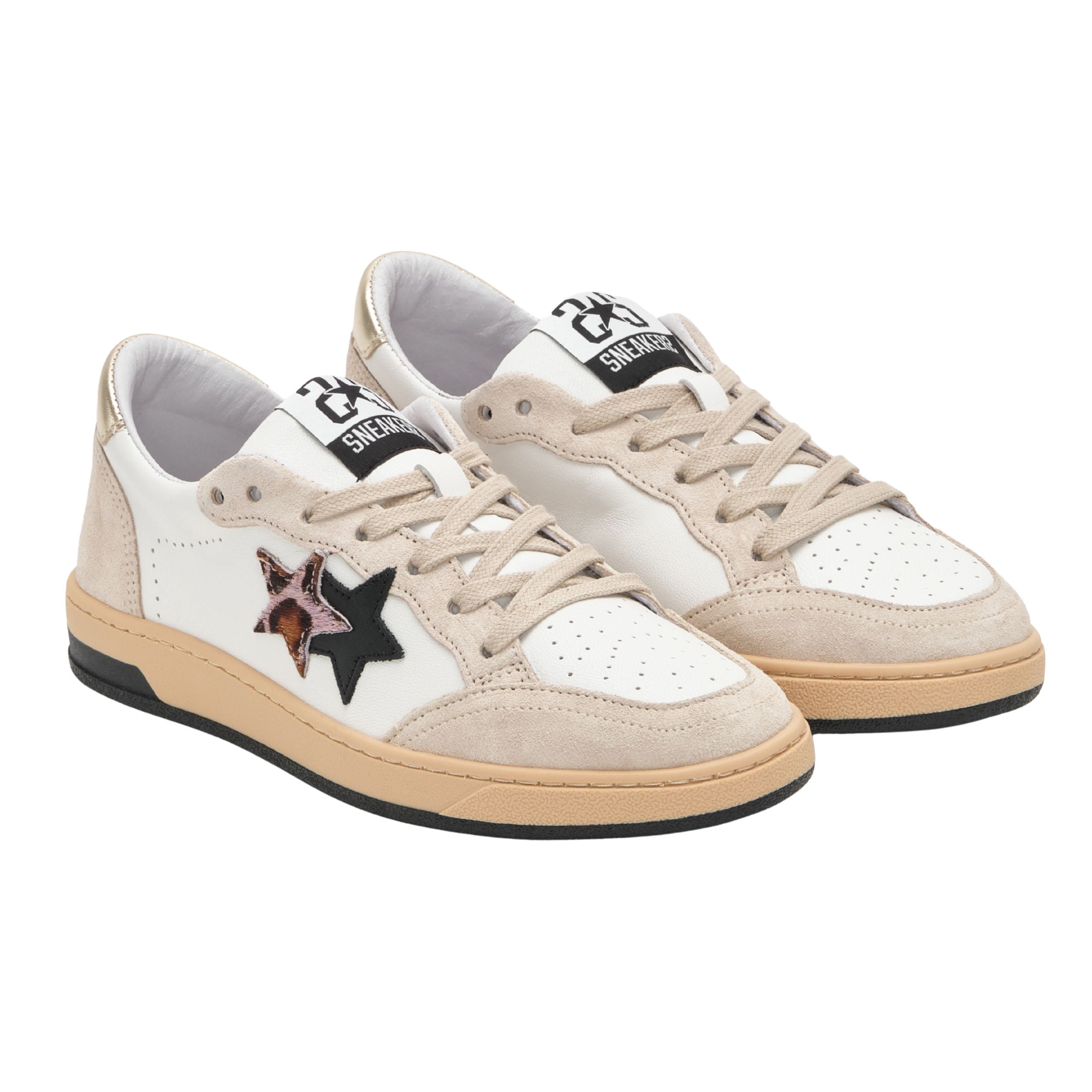 2Star Scarpe Sneakers Made in Italy artigianali Week Star Pelle Bianco Beige Leo