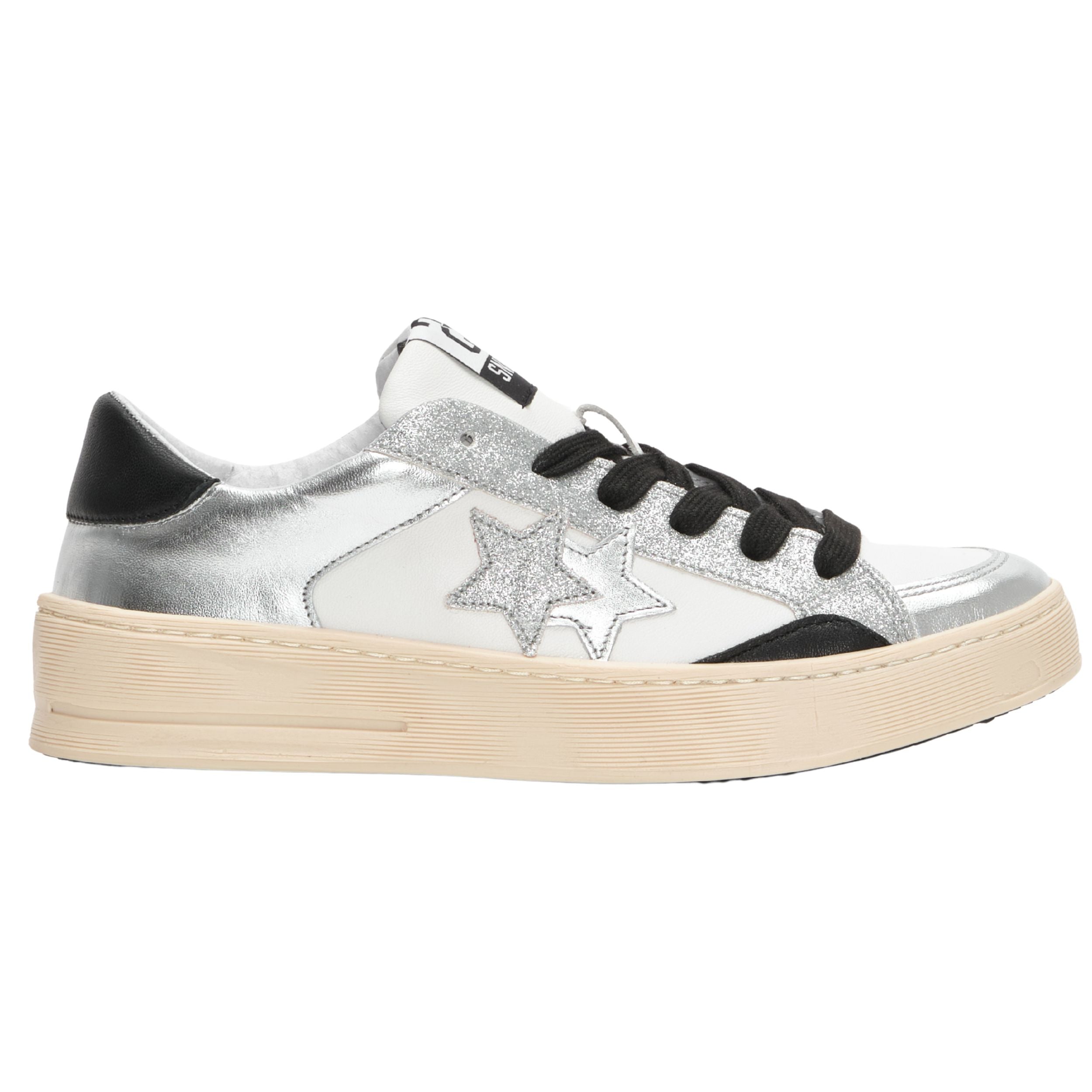 2Star Scarpe Sneakers Made in Italy artigianali Enjoy Star Pelle donna Bianco argento nero