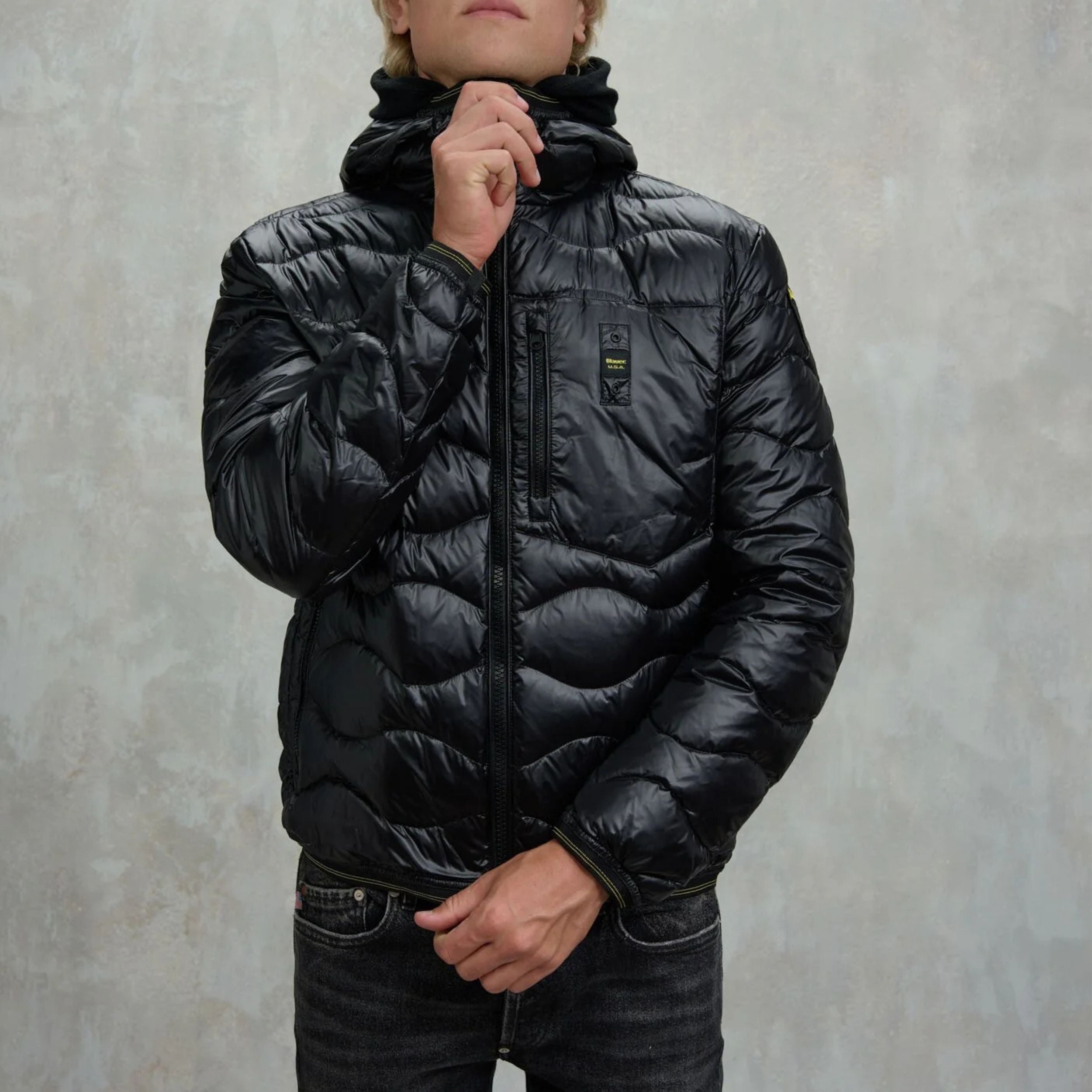 Blauer Giubbino Corto Wave Trama Onda Orizzontale Nero Uomo