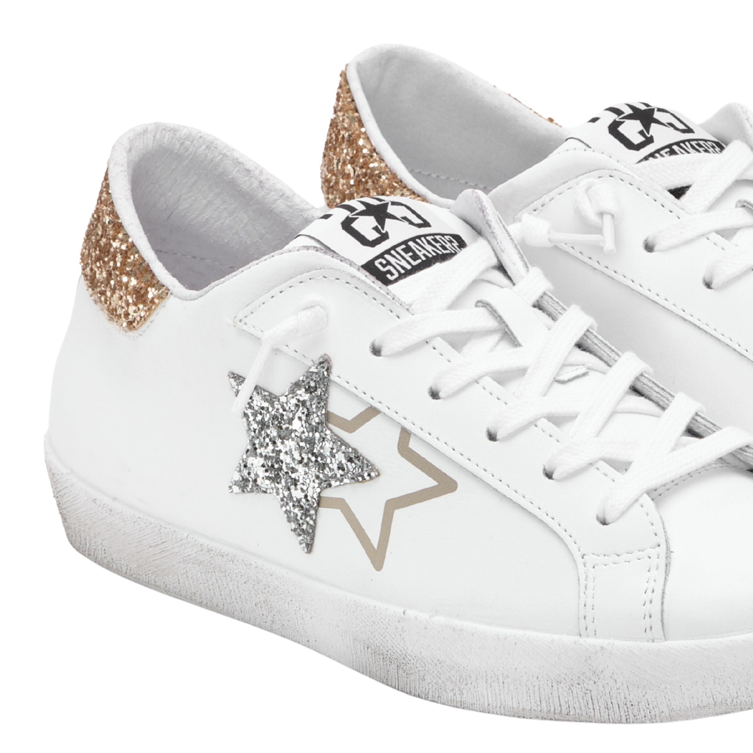 2Star Scarpe Sneakers Made in Italy artigianali PRIME STAR Pelle donna Bianco argento oro