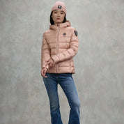 Blauer Piumino Sfiancato Charme Rosa Interno Grigio Donna con Cappuccio Fisso