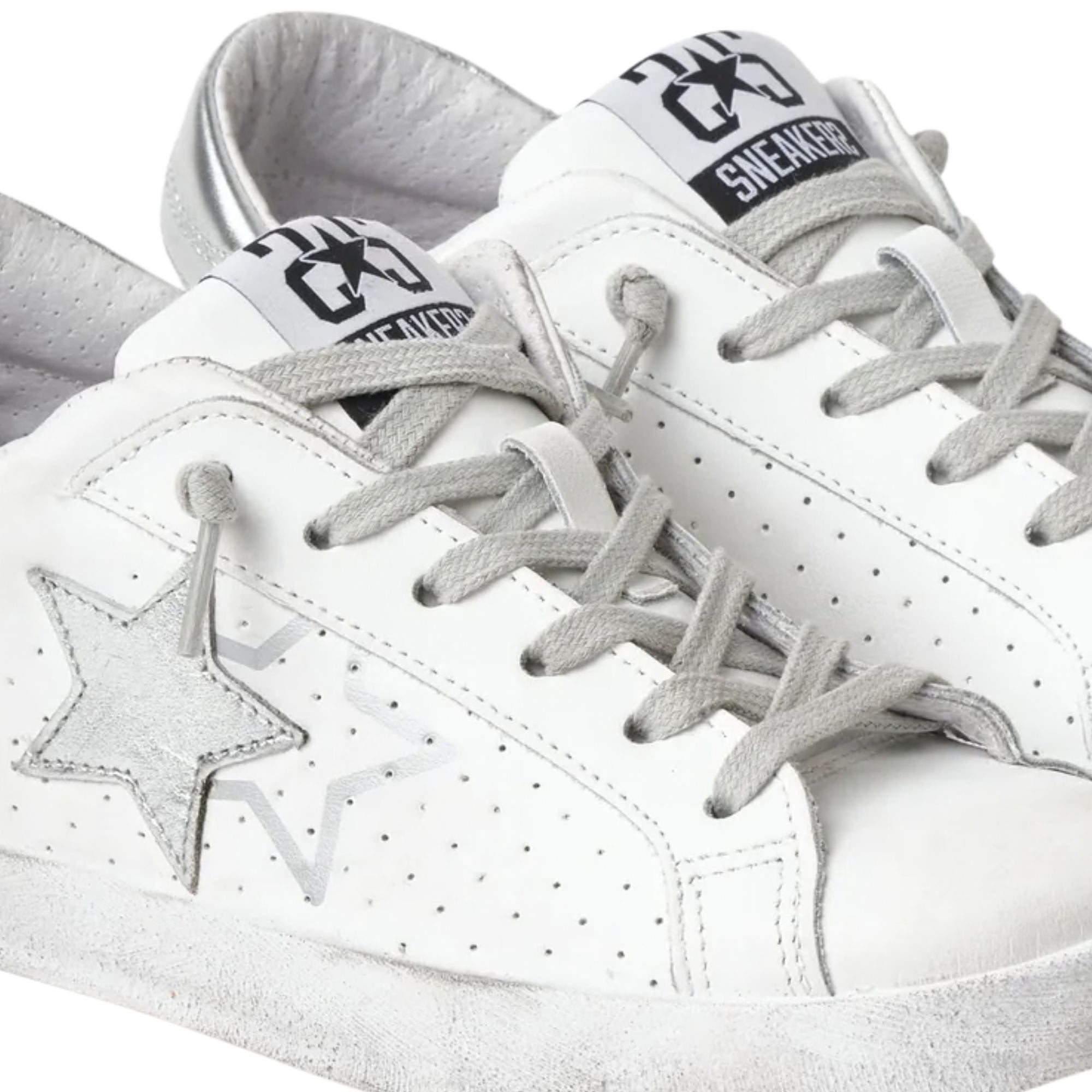 2Star Scarpe Sneakers Made in Italy artigianali One Star Pelle Bianco con Glitter Argento 2SD5103