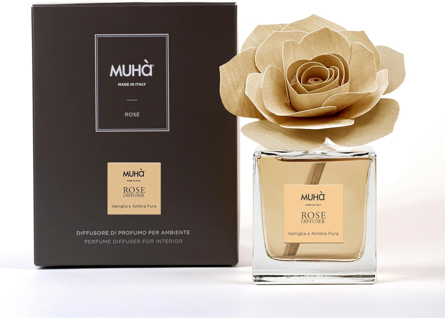 Muhà Profumatore D'ambiente home decor Fiore ROSA 100 Ml vaniglia ambra pura