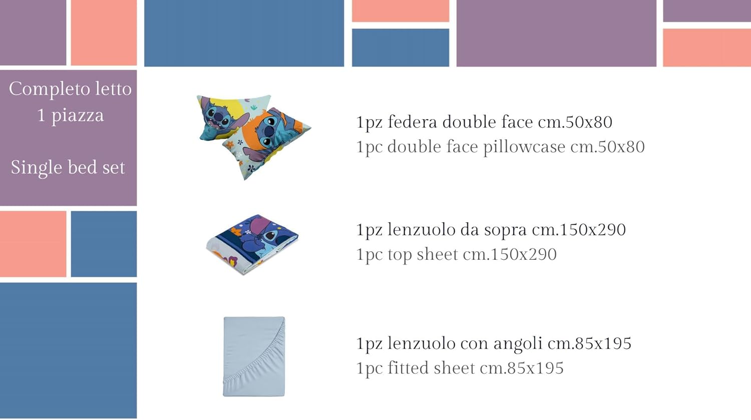 DISNEY Stitch Completo Letto lenzuola Singolo in Cotone lenzuola federe PRODOTTO UFFICIALE