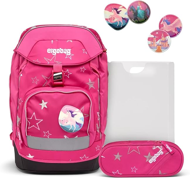 Ergobag Set prime zaino portapenne Ergonomico Personalizzabile Eco Resistente Acqua Sporco Fucsia Bambina Star