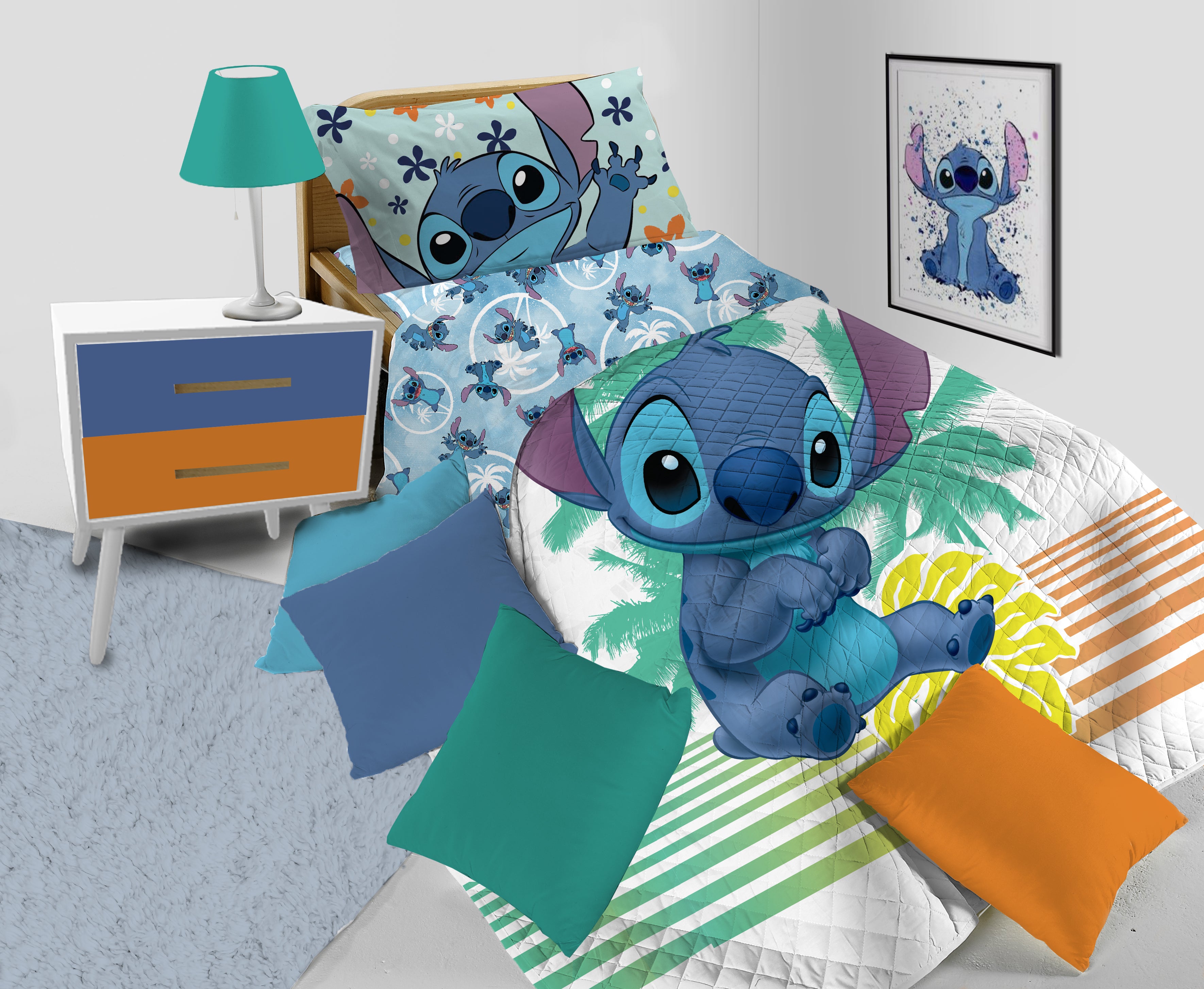 STITCH DISNEY Copriletto trapuntato Letto Singolo Cotone UFFICIALE 160x170 cm