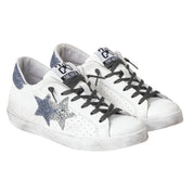 2Star Scarpe Sneakers Made in Italy artigianali One Star Pelle con Glitter Argento Blu 5108