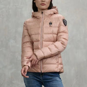 Blauer Piumino Sfiancato Charme Rosa Interno Grigio Donna con Cappuccio Fisso