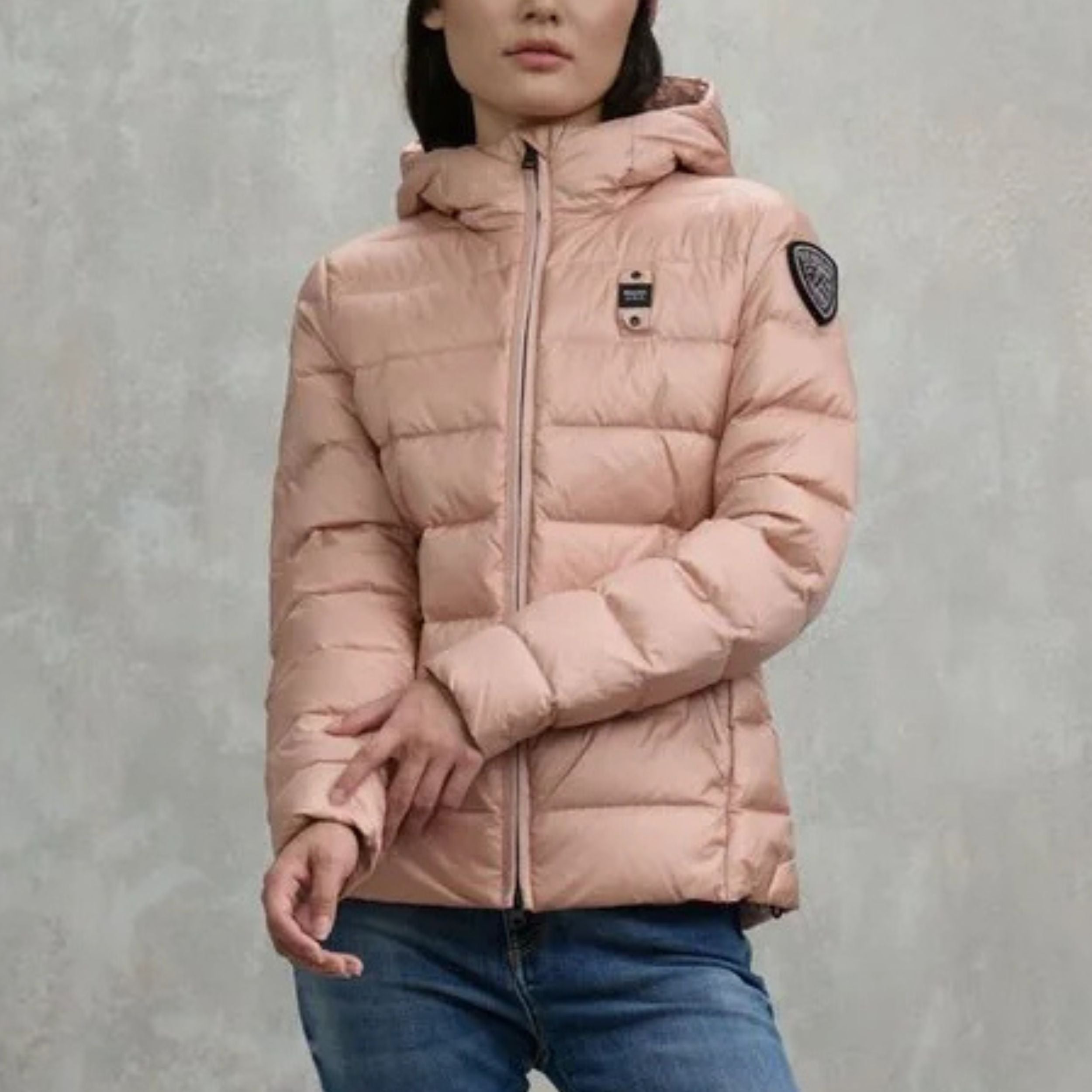 Blauer Piumino Sfiancato Charme Rosa Interno Grigio Donna con Cappuccio Fisso