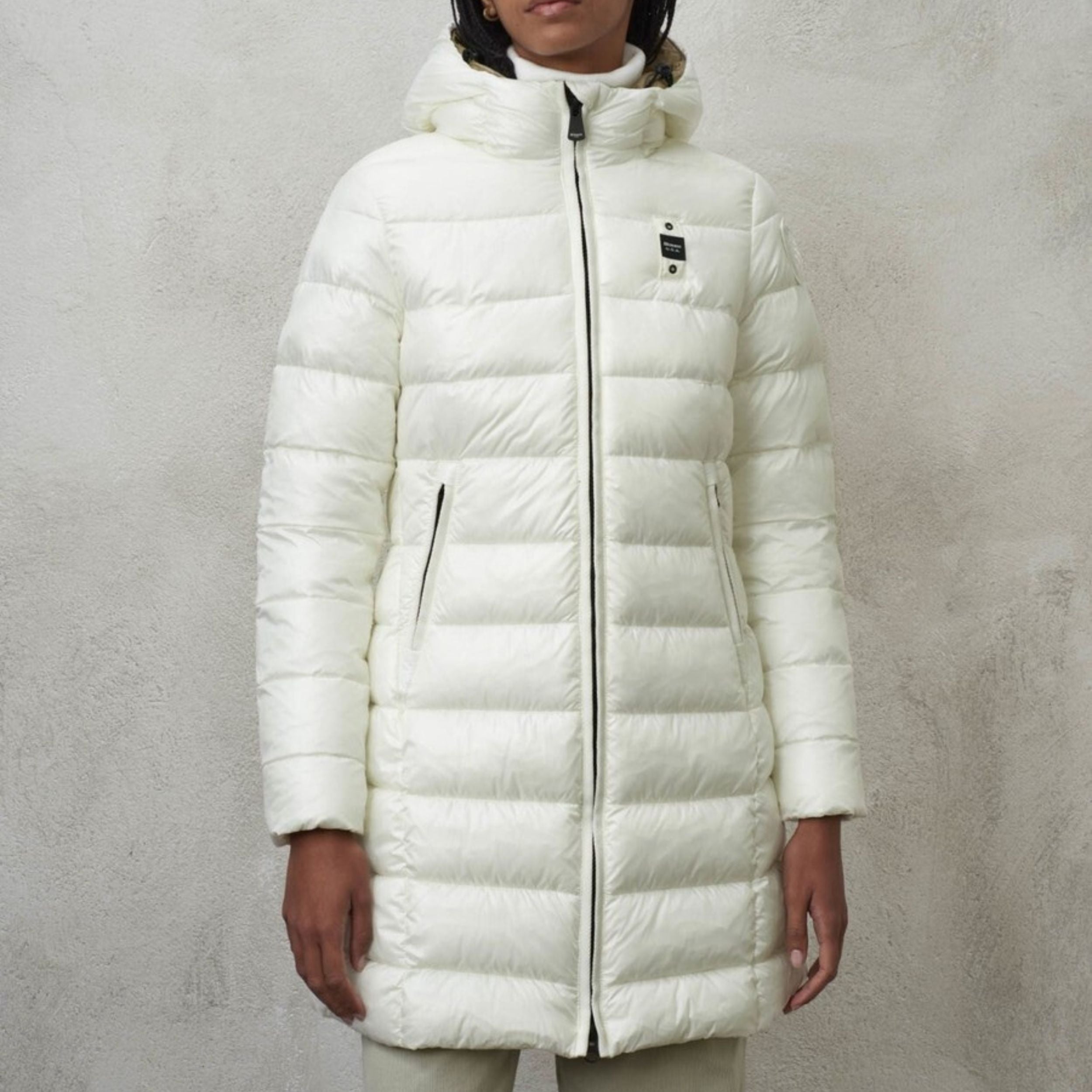 Blauer Parka Lungo Imbottito Adelaide Bianco Ottico Donna con Cappuccio Fisso