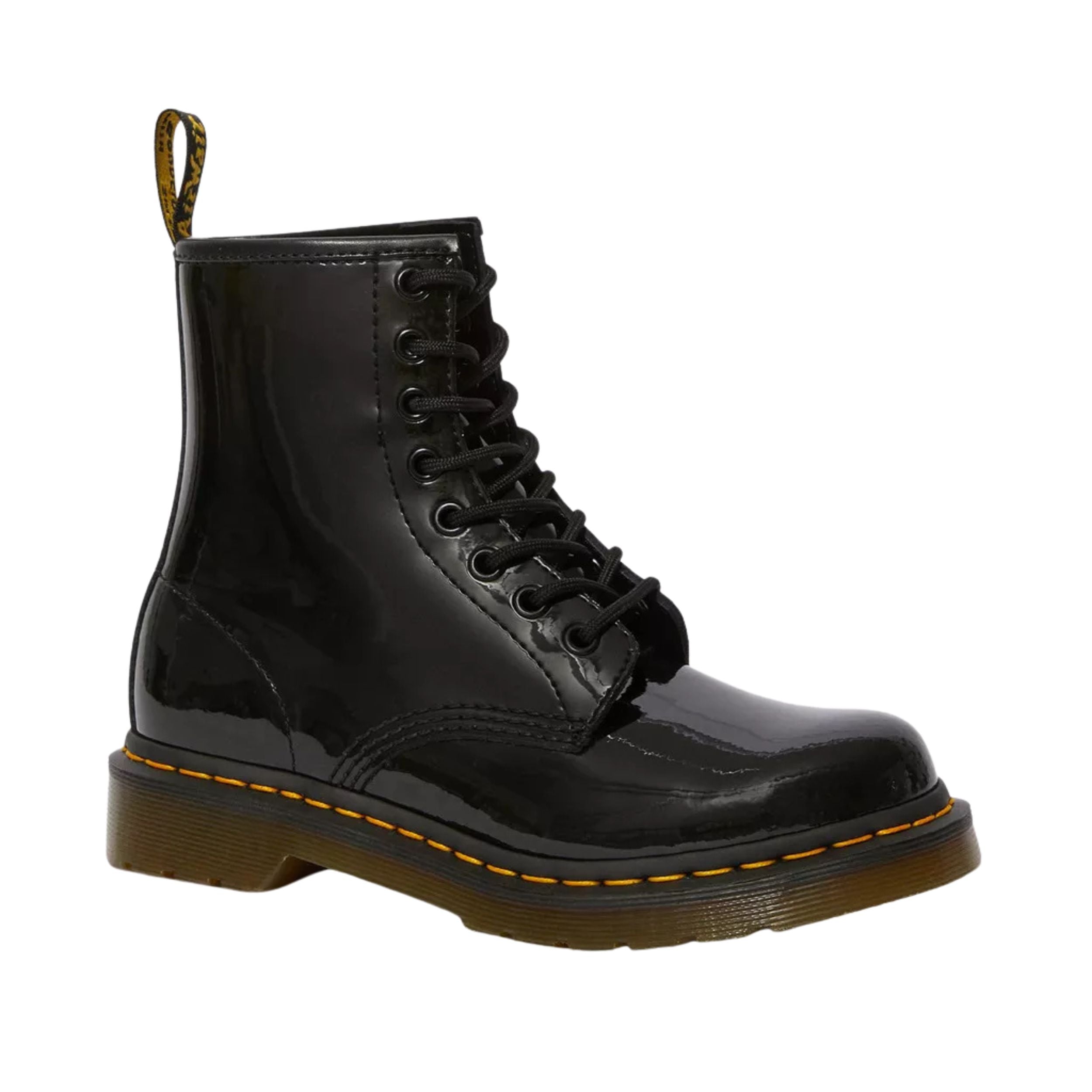 Dr. Martens Stivali Stringati 1460 W Black Patent Lamper in Pelle Nero Donna