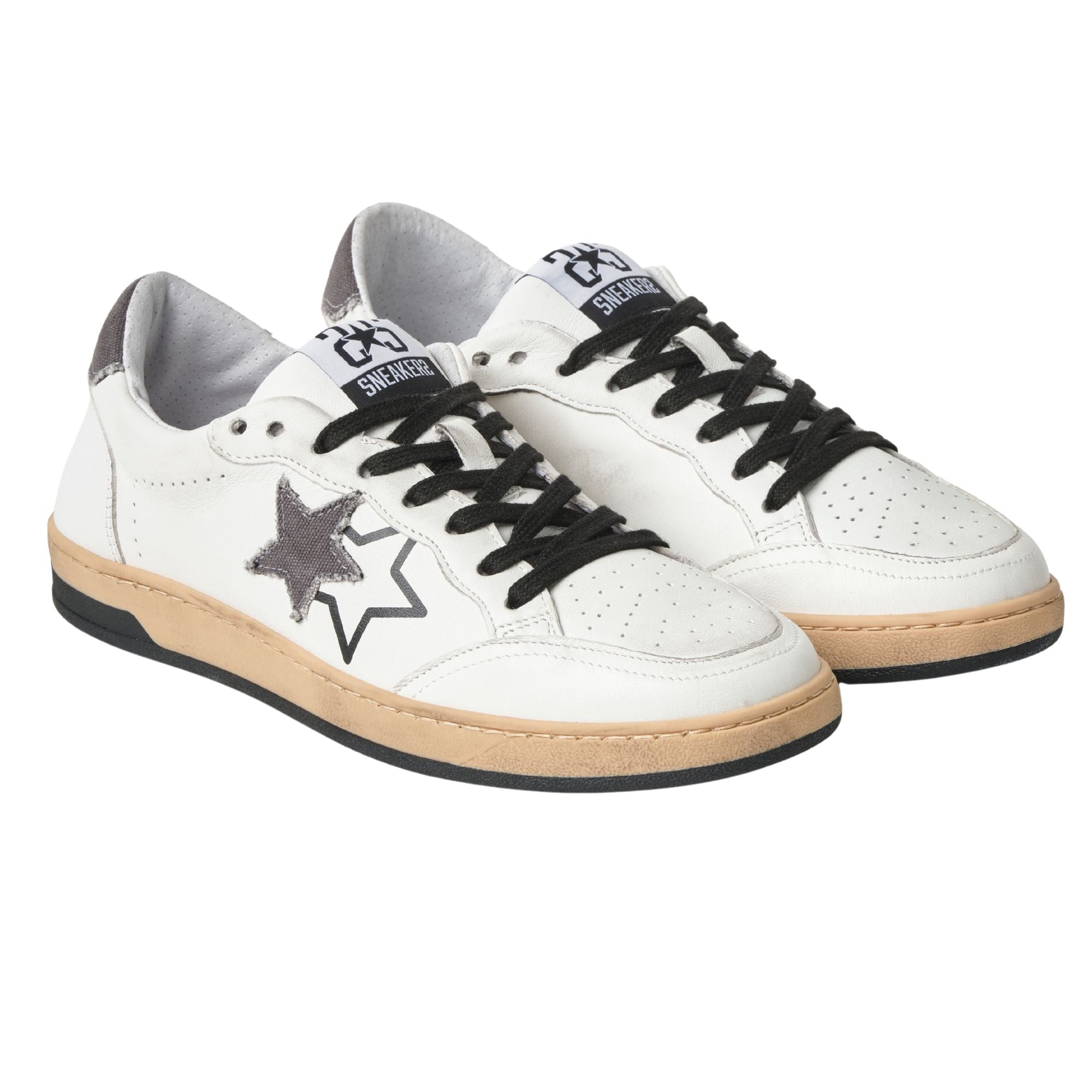 2Star Scarpe Sneakers Made in Italy artigianali Week Star Pelle Bianco Nero Uomo 5056