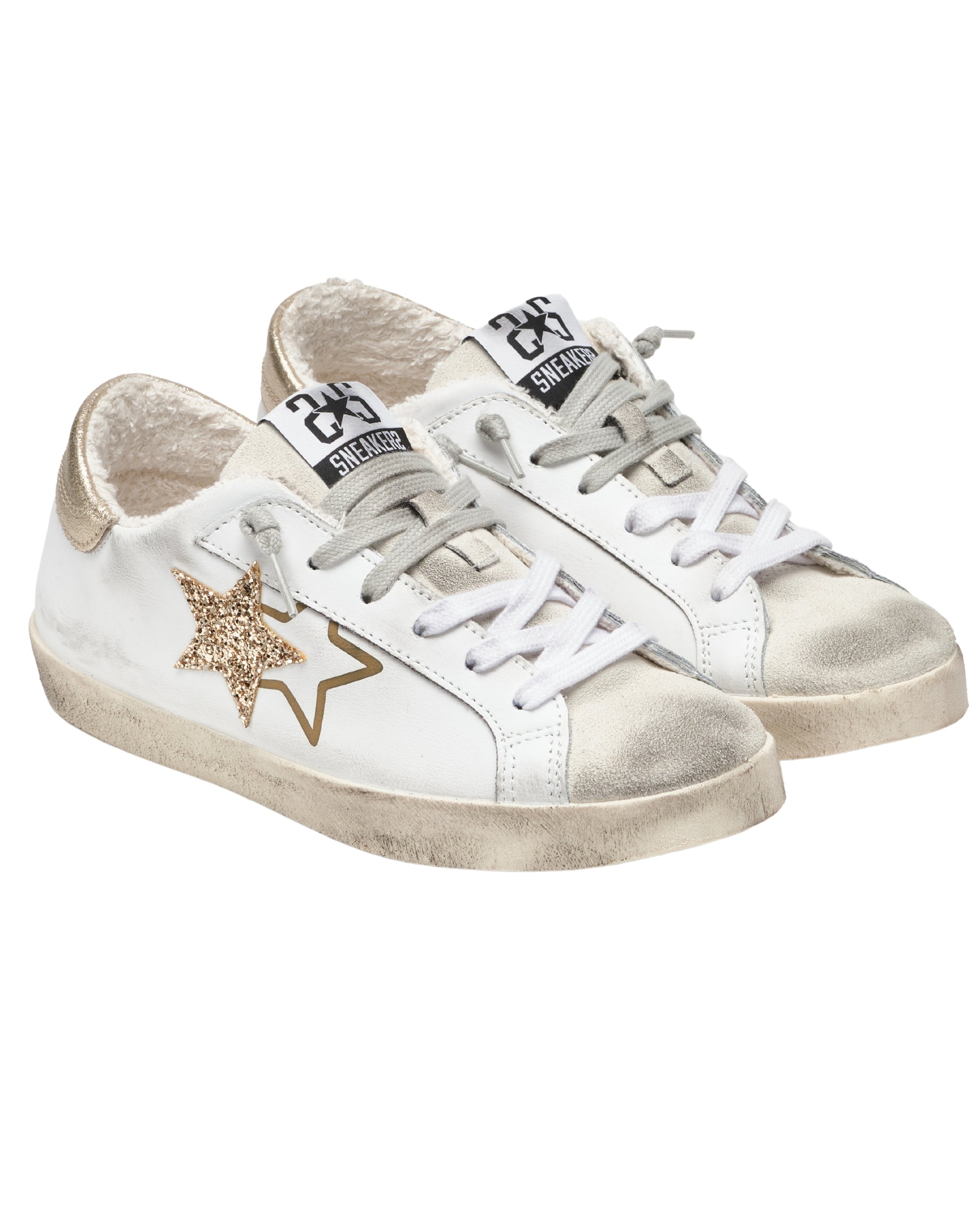 2Star Sneakers One Star White Leather Gold Glitter Details