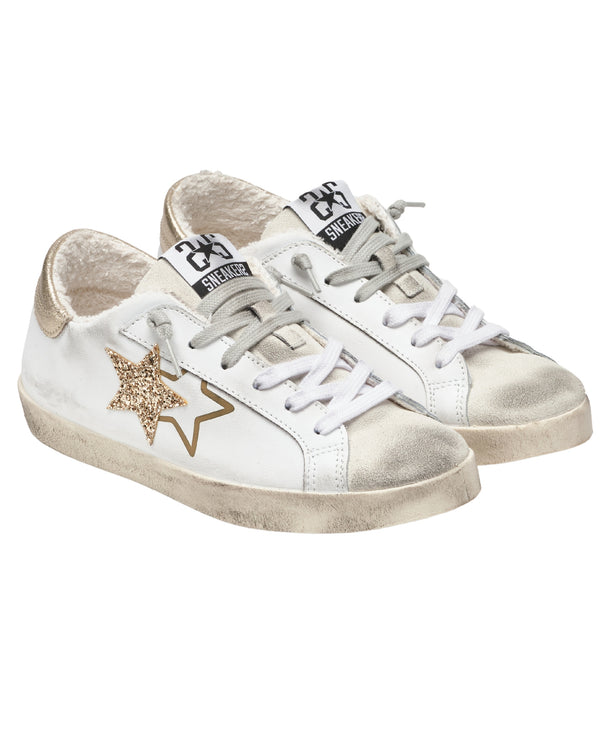 2Star Sneakers One Star Pelle Bianca Dettagli Glitter Oro-2
