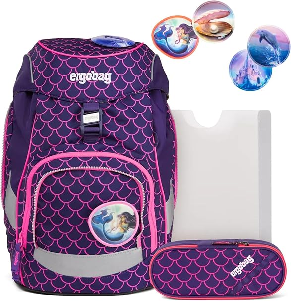 Ergobag Set prime zaino portapenne Ergonomico Personalizzabile Eco Resistente Acqua Sporco Viola Bambino PearlBear