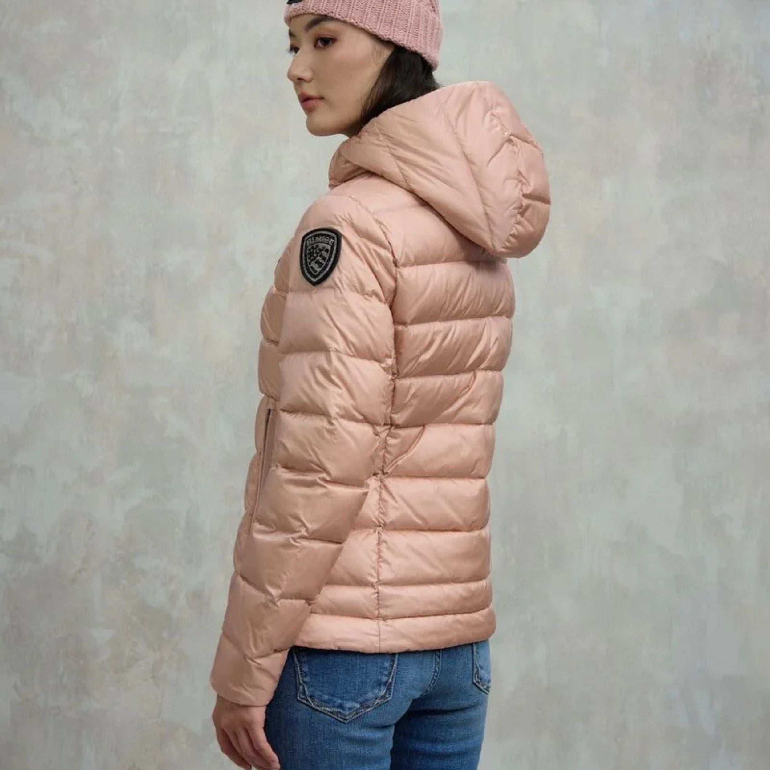 Blauer Piumino Sfiancato Charme Rosa Interno Grigio Donna con Cappuccio Fisso