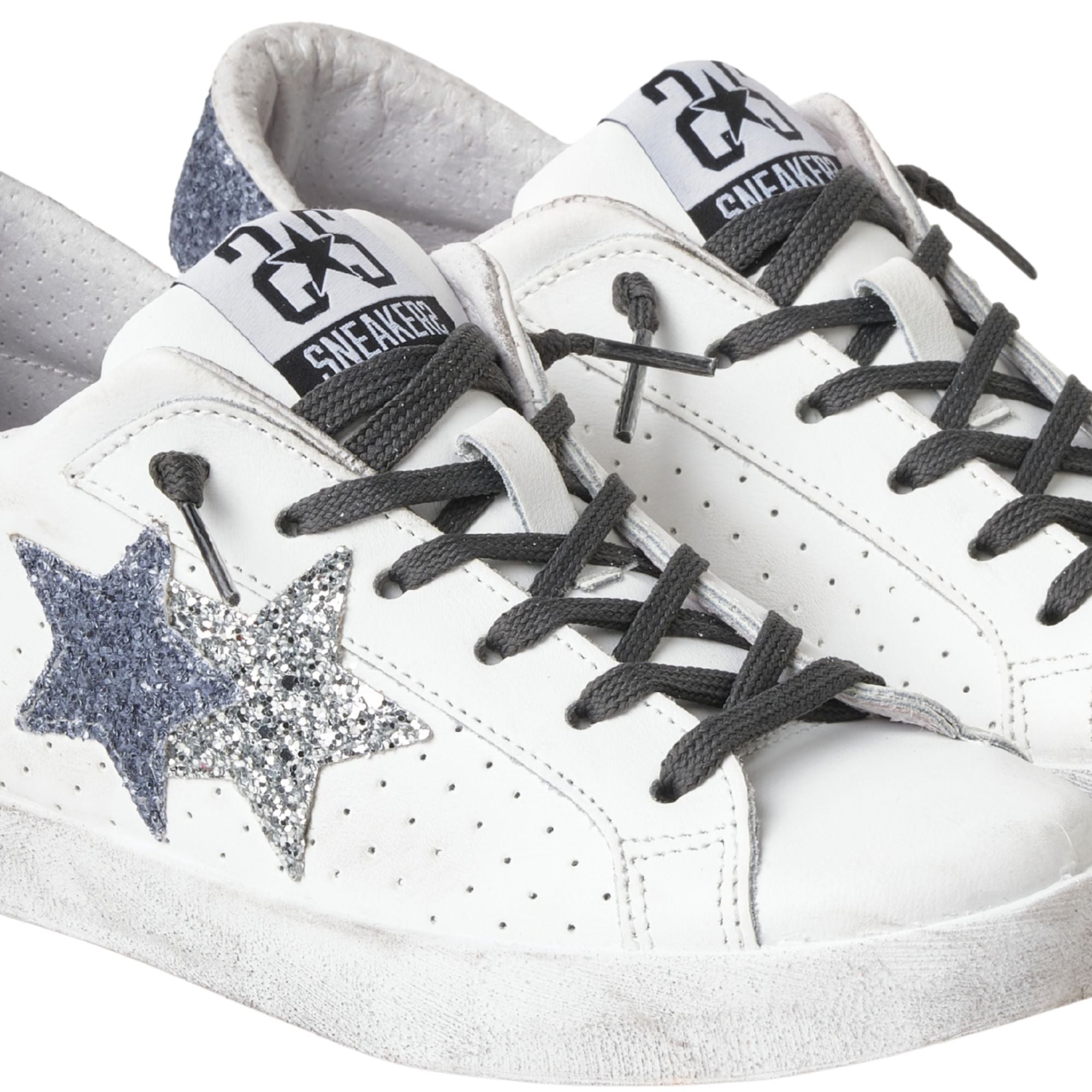 2Star Scarpe Sneakers Made in Italy artigianali One Star Pelle con Glitter Argento Blu 5108