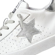 2Star Scarpe Sneakers Made in Italy artigianali One Star Pelle Bianco con Glitter Argento 2SD5103