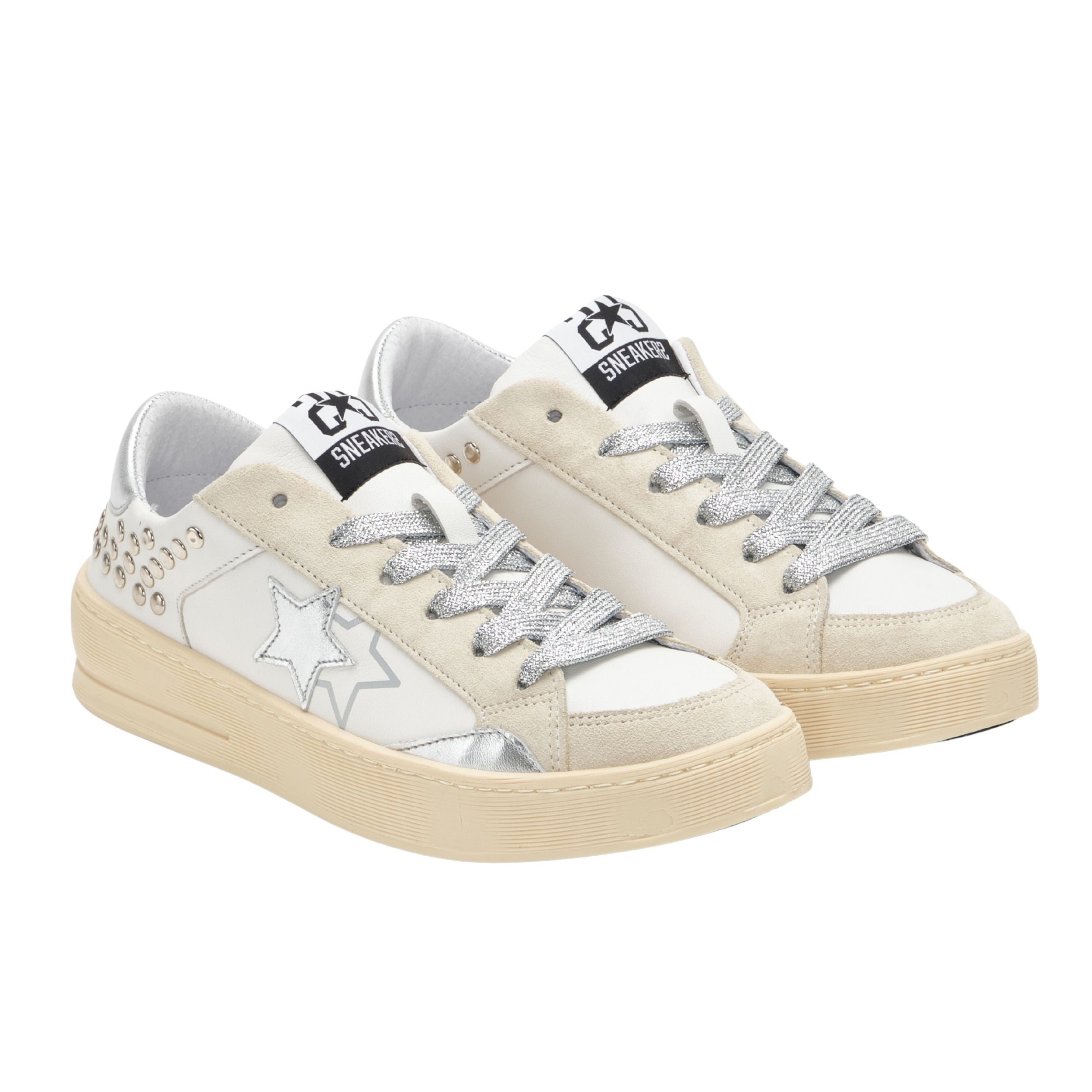 2Star Scarpe Sneakers Made in Italy artigianali Enjoy Star Pelle donna Bianco Borchie
