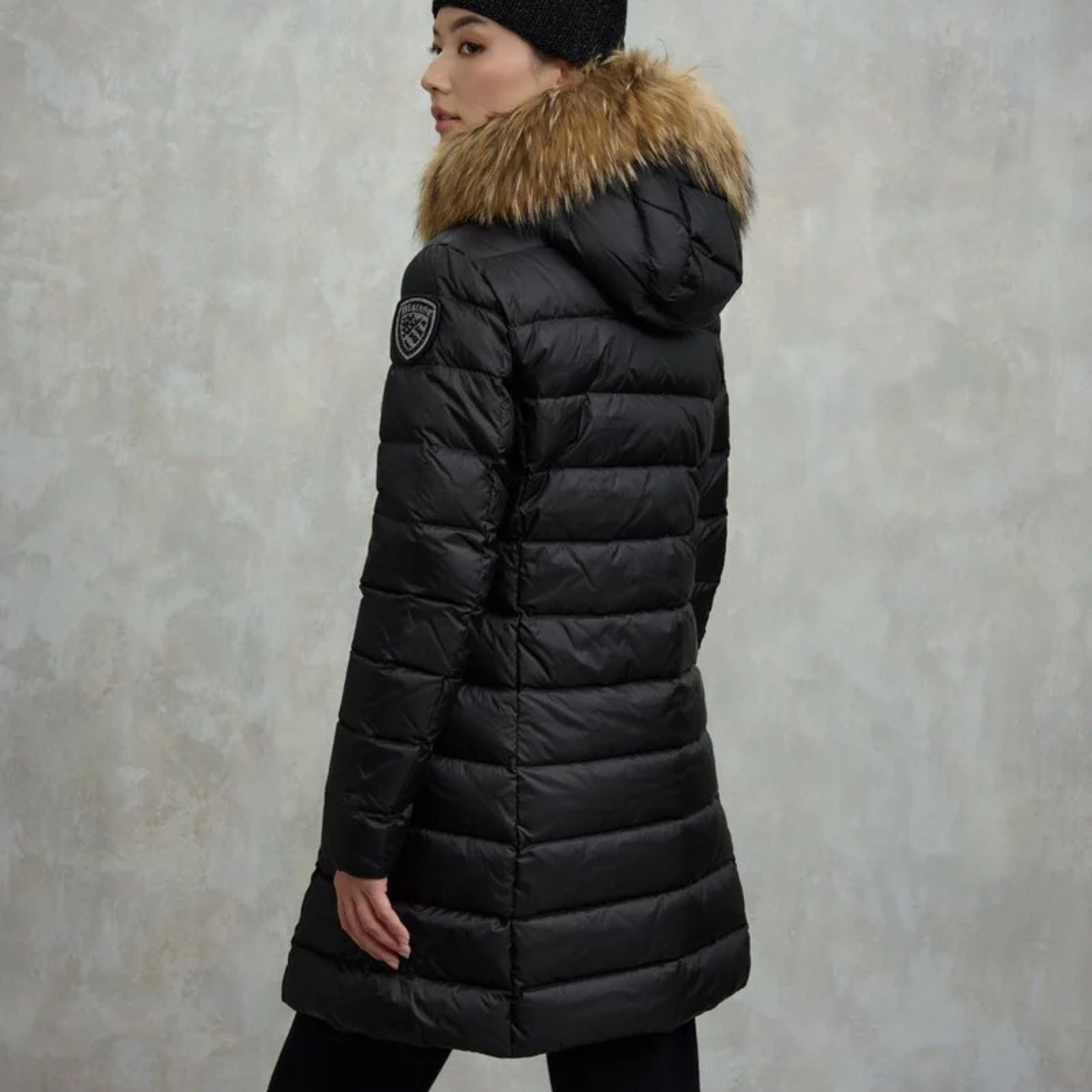 Blauer Piumino Lungo Imbottito Kristin Nero Interno Beige Donna con Cappuccio Fisso