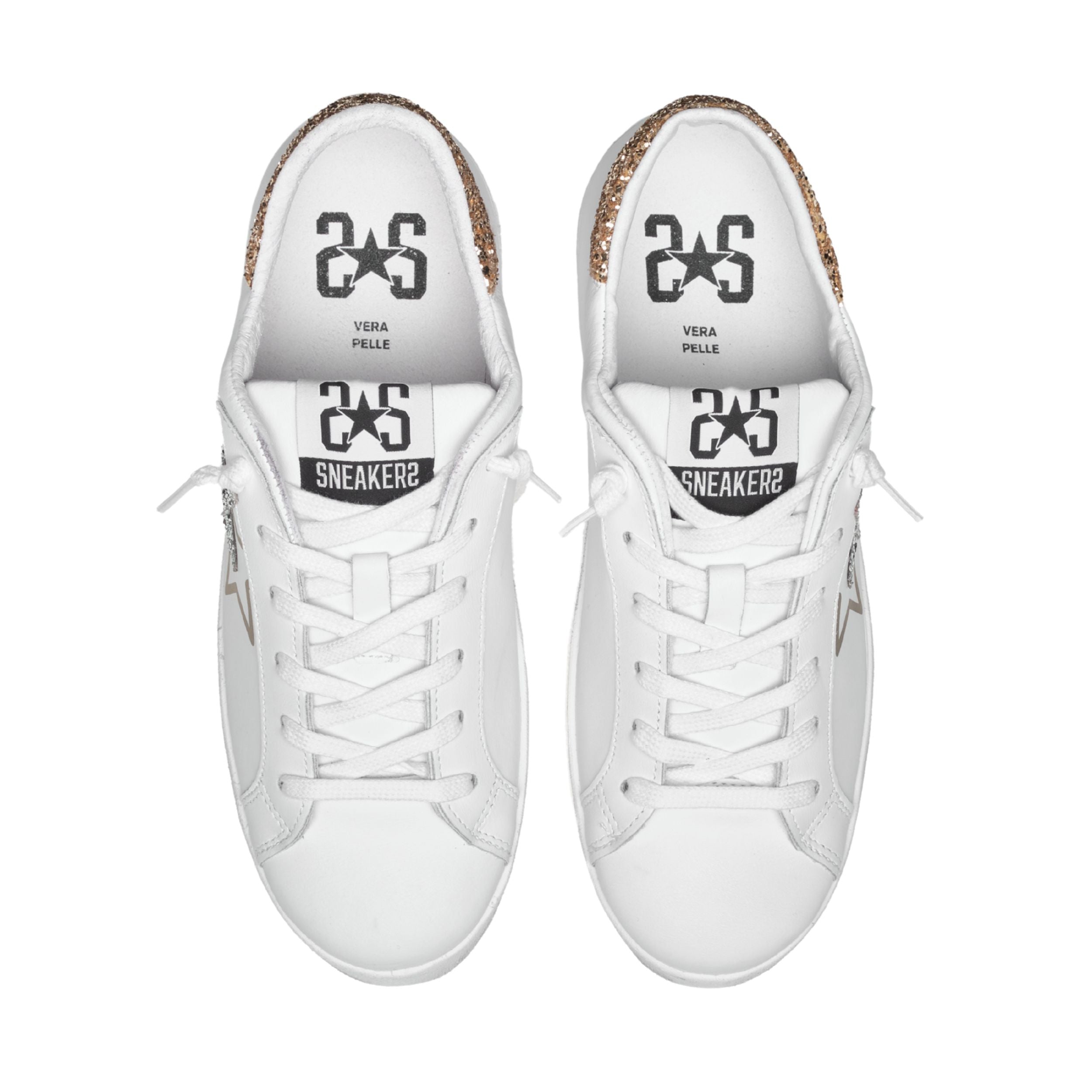 2Star Scarpe Sneakers Made in Italy artigianali PRIME STAR Pelle donna Bianco argento oro