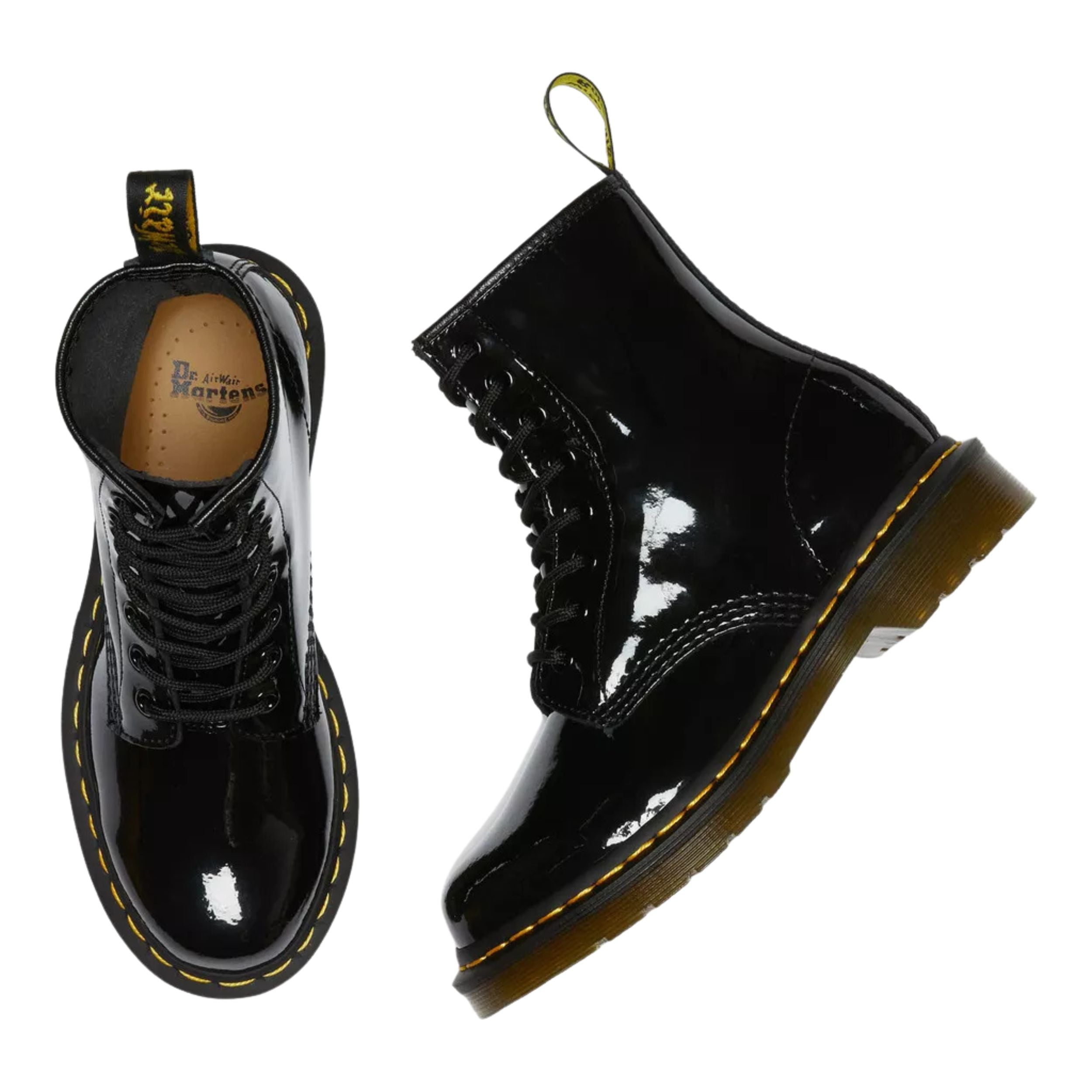 Dr. Martens Stivali Stringati 1460 W Black Patent Lamper in Pelle Nero Donna