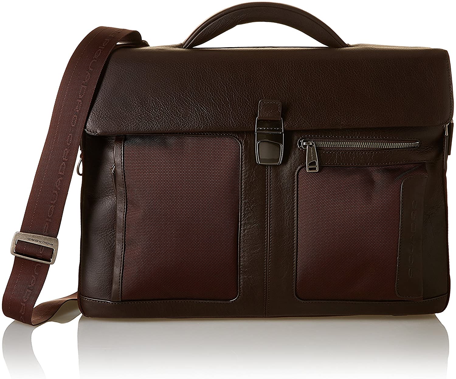 Piquadro Briefcase Two Gusseted Leather And Fabric Brown Men