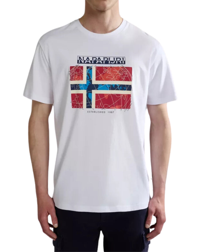 Napapijri T-shirt Cotone Manica Corta con Logo e Bandiera Norvegese Bianco 6