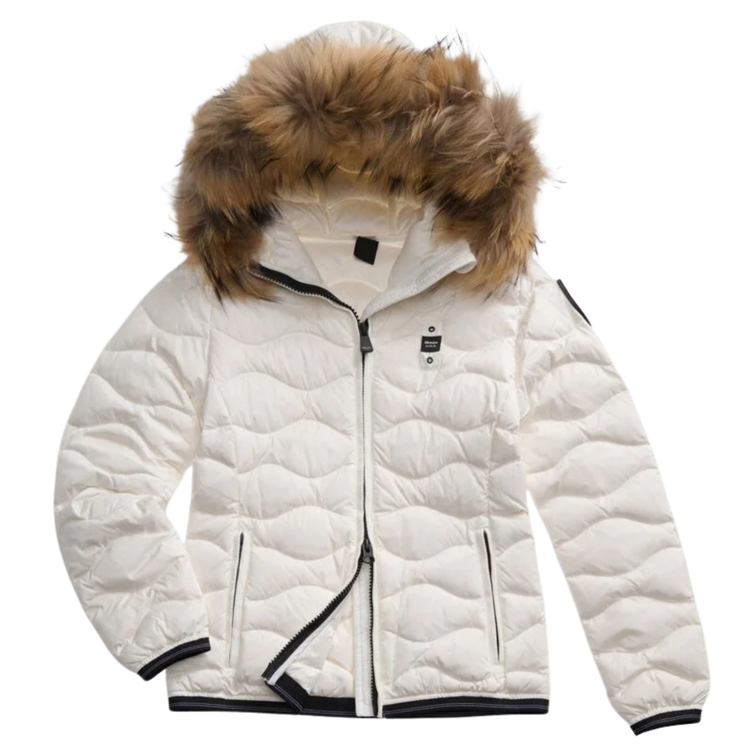 Blauer Piumino Corto Aldie Bianco Ottico Donna con Cappuccio con Pelliccia