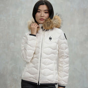 Blauer Piumino Corto Aldie Bianco Ottico Donna con Cappuccio con Pelliccia