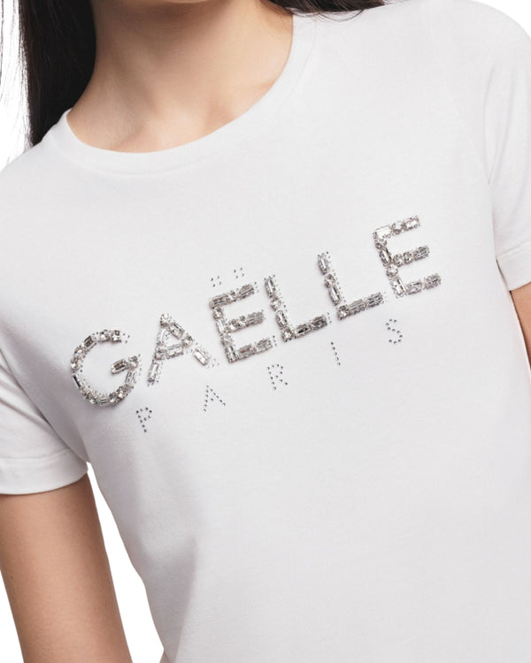 Gaelle T-shirt Paricollo Mezza Manica In Bielastico Con Logo Ricamo Bianco Donna-2