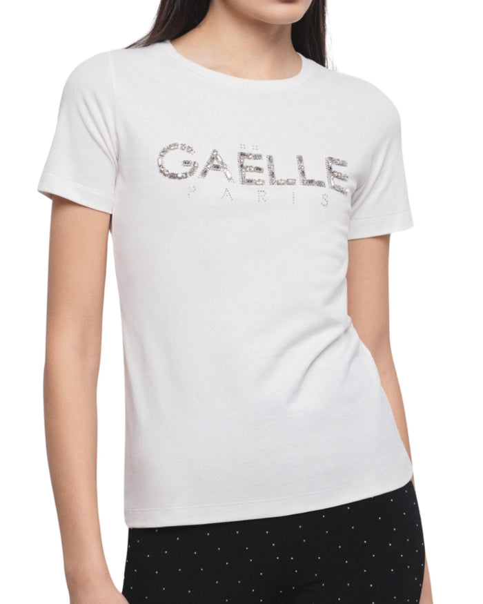 Gaelle T-shirt Paricollo Mezza Manica In Bielastico Con Logo Ricamo Bianco Donna 3