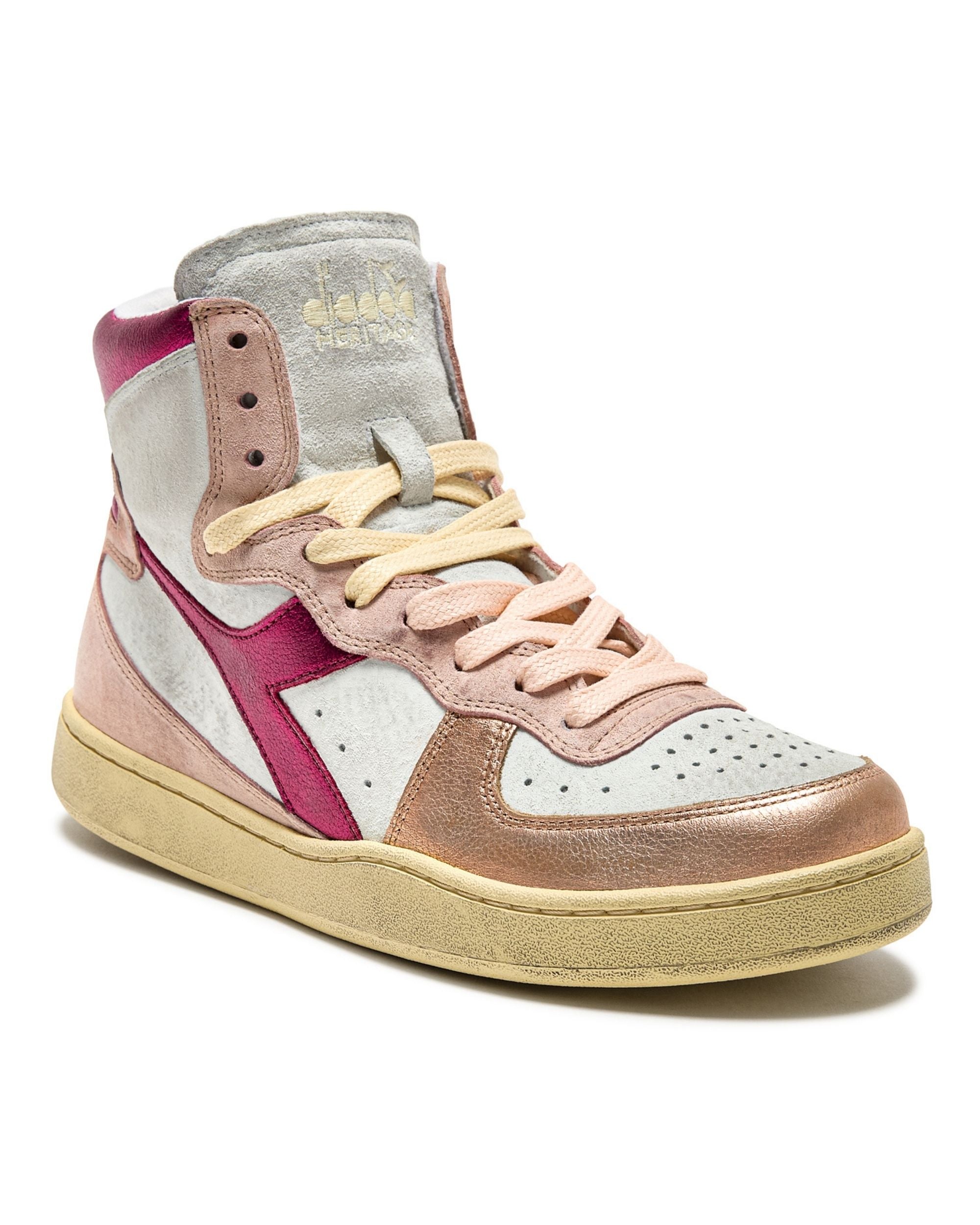 Diadora Heritage Sneaker Basket Metal Used Tomaia In Pelle Effetto Used Bianco Rosa Donna