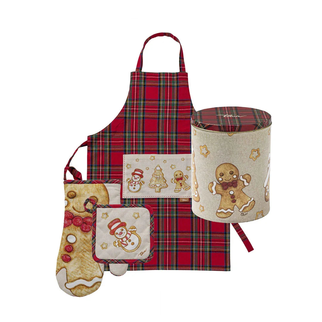 THUN Set Presina Guantone + Grembiule Thunland Gingerbread Red confezione regalo LATTA BOX