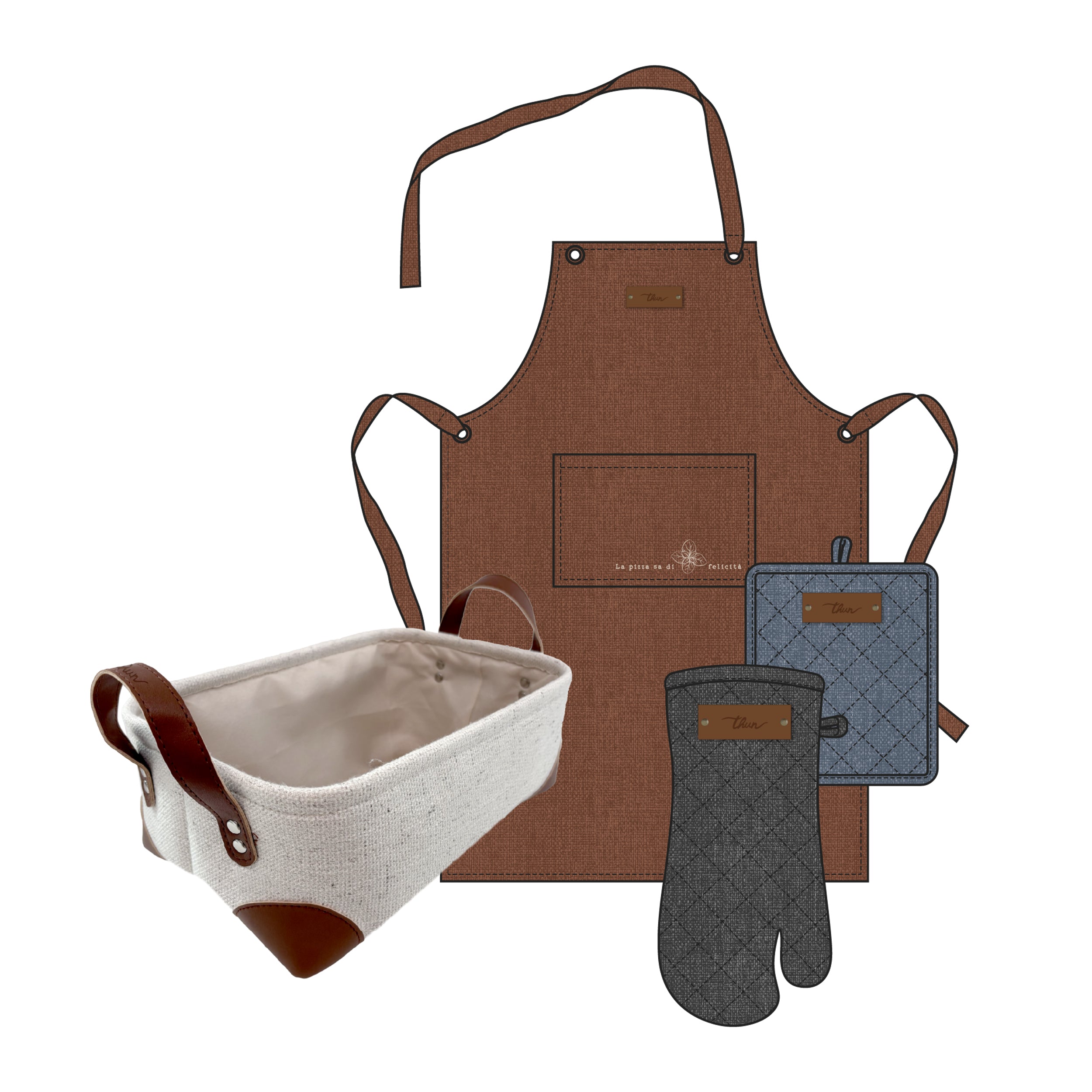 THUN Set 3 Presina Guantone e Grembiule con Cestino Acqua e Farina - B101499 Marrone