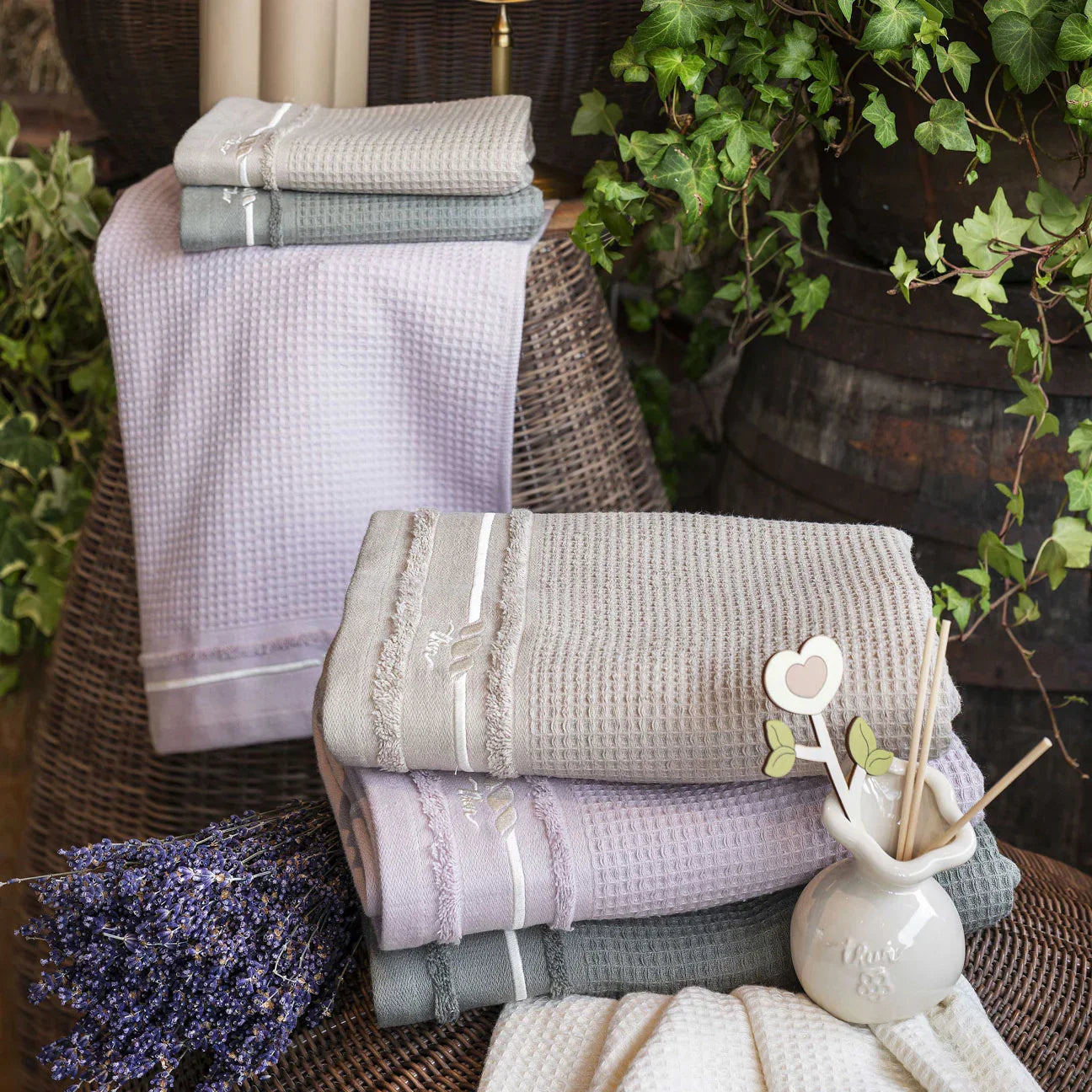 THUN Set 2 Asciugamani Country Bloom 40x60 + 60x100 cm Tinta Unita Beige B300332