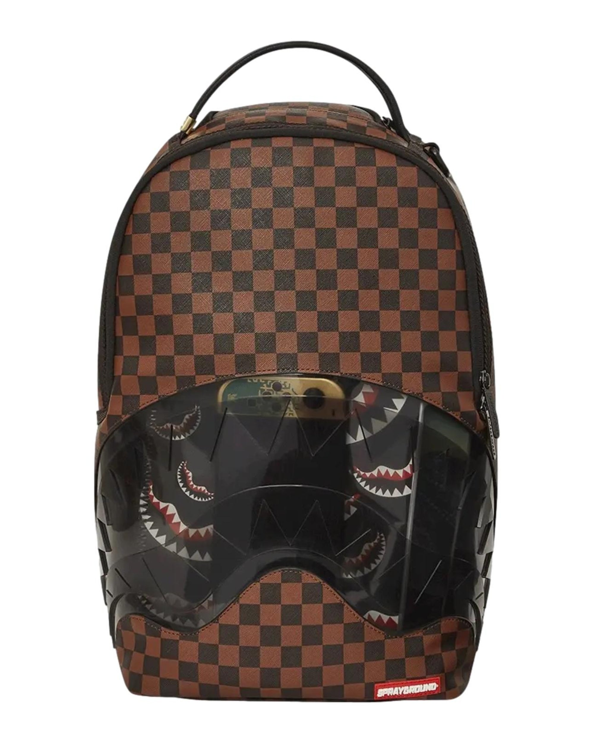 Sprayground Backpack Scuola City Viaggio Motivo a Scacchi Marrone Unisex Morso Trasparente