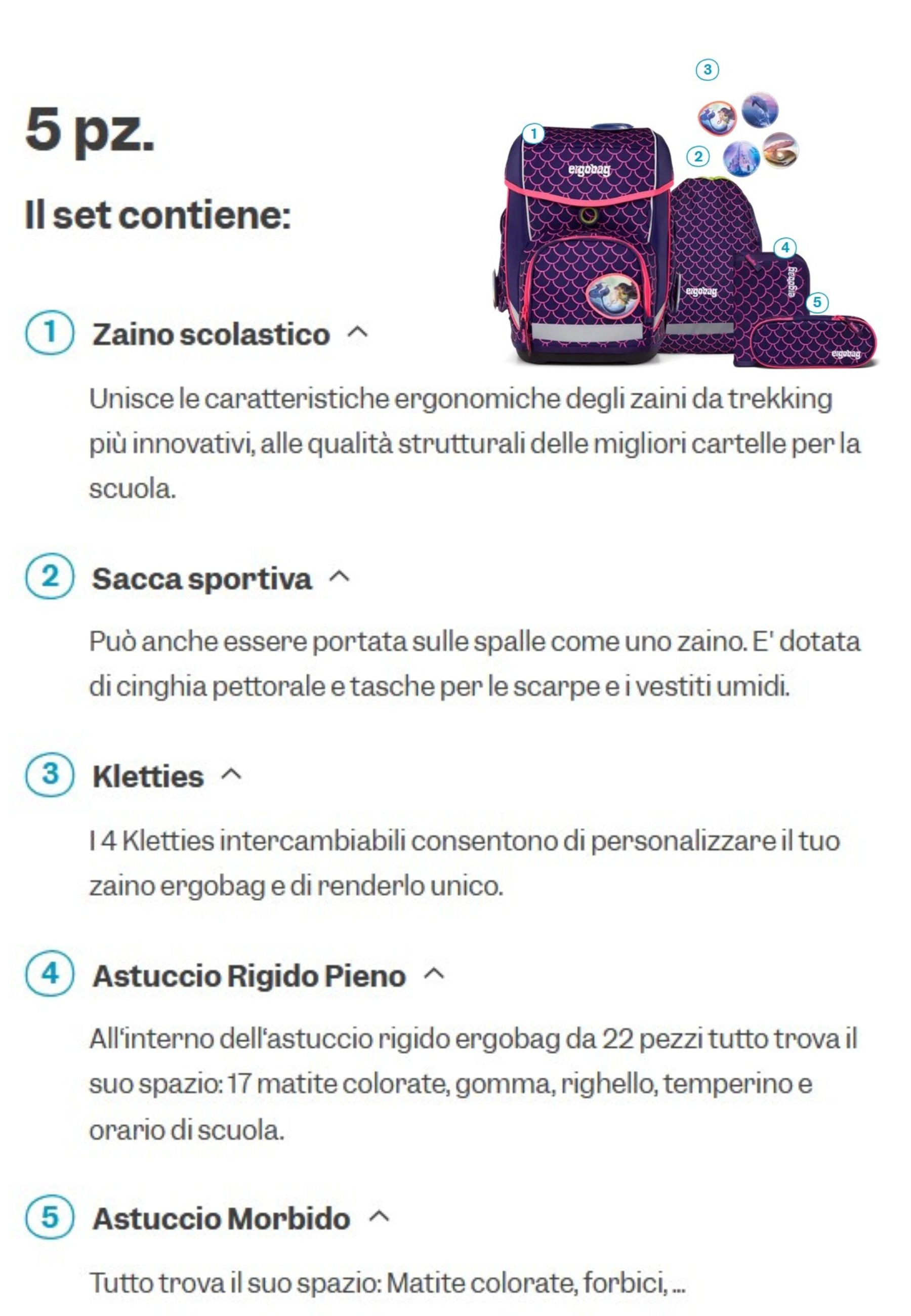 Ergobag Set Zaino Scolastico Pearl 5 Pezzi in Poliestere Viola Set Cubo Bambina