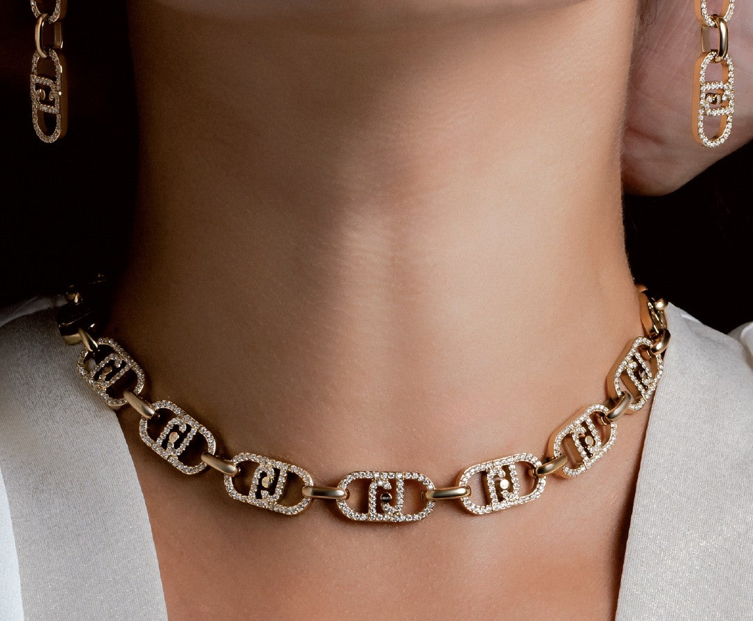 Liu Jo orecchini pendenti monogram acciaio inossidabile oro logo e zirconi LG2626