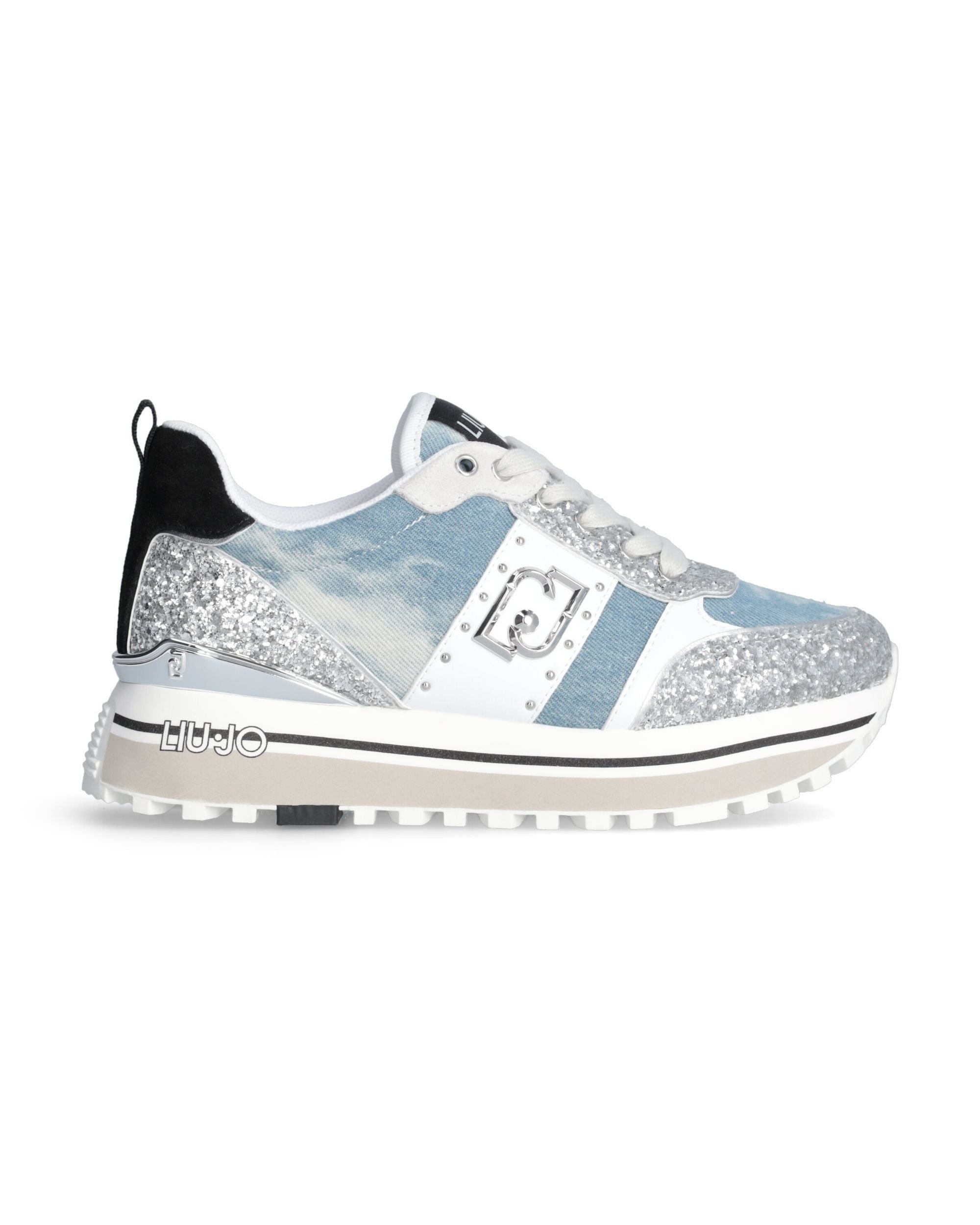 Liu Jo Sneakers Maxi Wonder 71 Misto Pelle Denim e Glitter Argento